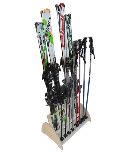 Stojan, držiak na štyri páry lyží, ktorý chráni Vaše lyže a šetrí priestor vo Vašej domácnosti.